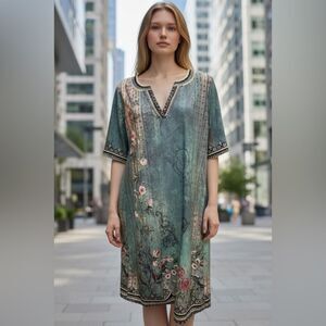 Floral Print V Neck Short Sleeve Button A-Line Dress